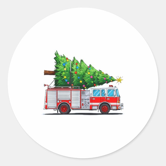 Adesivo Redondo Fire Truck Christmas Tree Xmas Lights Firefighter  (Frente)