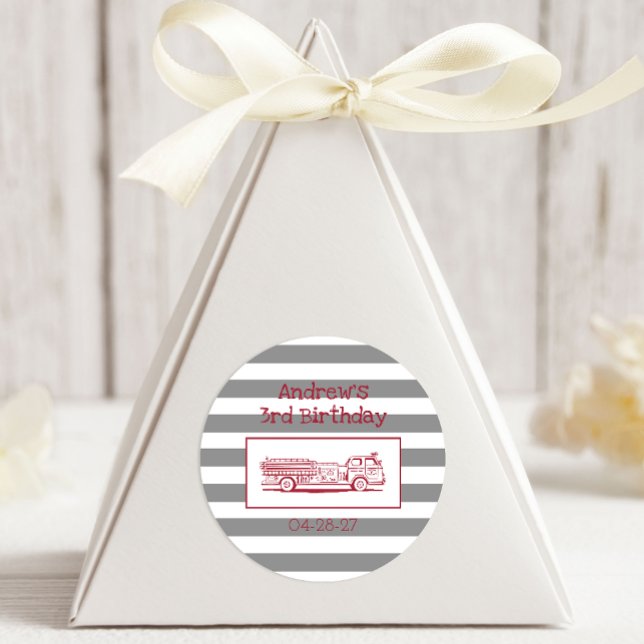 Adesivo Redondo Fire Truck Red Boys Divirta-se Aniversário (Criador carregado)