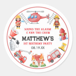 Adesivo Redondo Firetrucks Boy 1st Birthday | Cute Little party