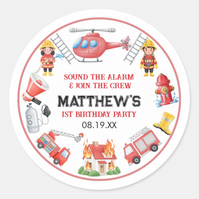Adesivo Redondo Firetrucks Boy 1st Birthday | Cute Little party (Frente)