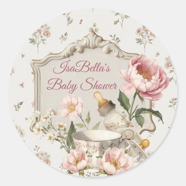 Adesivo Redondo First Bloom Baby Shower Classic Round Sticker (Frente)