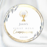 Adesivo Redondo First Communion dusty blue faux gold foil<br><div class="desc">First Holy communion stickers</div>