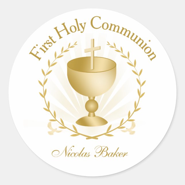 Adesivo Redondo First Communion Gold Chalice Laurel Wreath Sticker (Frente)