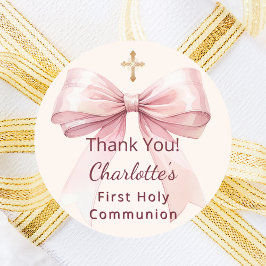 Adesivo Redondo First Communion pink bow ivory cross thank you