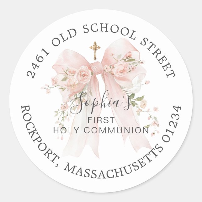 Adesivo Redondo First Communion Pink Bow Return Address Label (Frente)