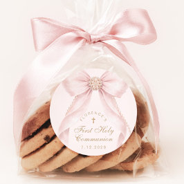 Adesivo Redondo First Holy Communion Gold Cross Pink Bow
