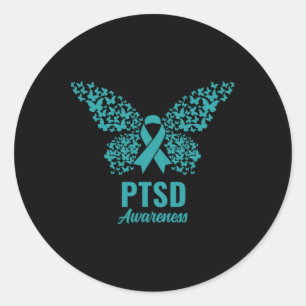 Adesivo Redondo Fita Teal Com Borboletas - Sensibilização Ptsd