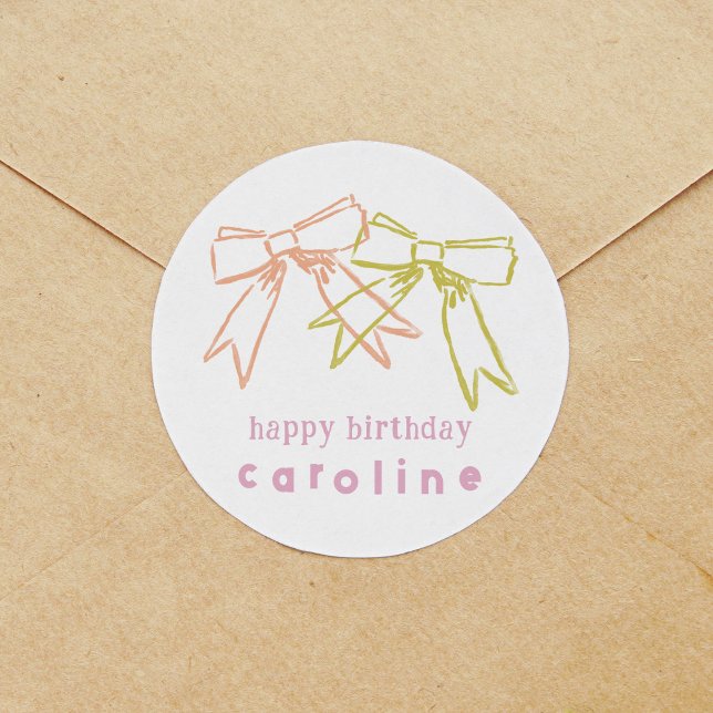 Adesivo Redondo Fitas e Arcos Aniversário (Ribbons and Bows watercolor round Happy Birthday sticker.)