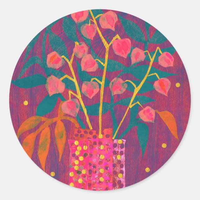 Adesivo Redondo Fitsalis Chineses Lanternas Autumn Floral Sticker (Frente)