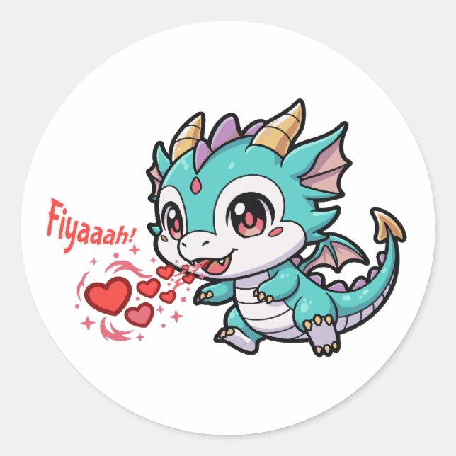 Adesivo Redondo Fiyaaah Cute Baby Dragon Chibi Anime Kawaii Heart (Frente)
