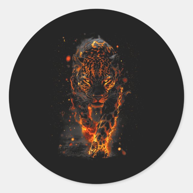 Adesivo Redondo Flaming Jaguar Fierce Leopard Wild Fire Animal Sri (Frente)
