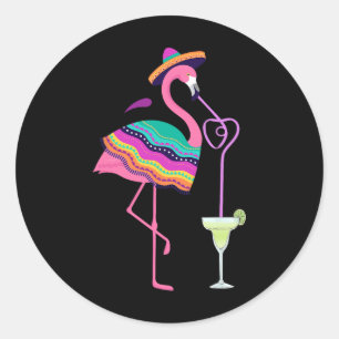 Adesivo Redondo Flamingo Bebendo Margarita Mexicana Poncho Cinco D