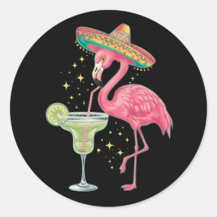 Adesivo Redondo Flamingo Bebendo Margarita Poncho Mexicano Engraça