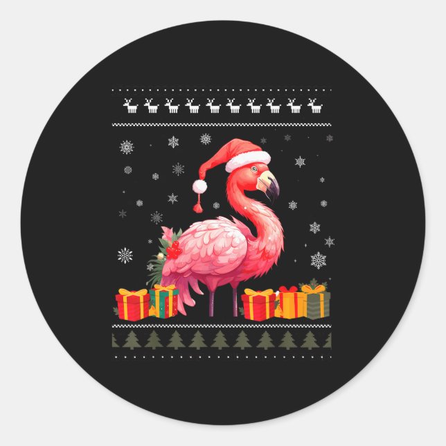 Adesivo Redondo Flamingo Christmas Santa Hat Ugly Christmas Sweate (Frente)