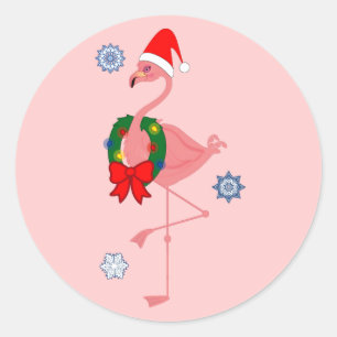 Adesivo Redondo Flamingo com papai noel chapéu e grinalda