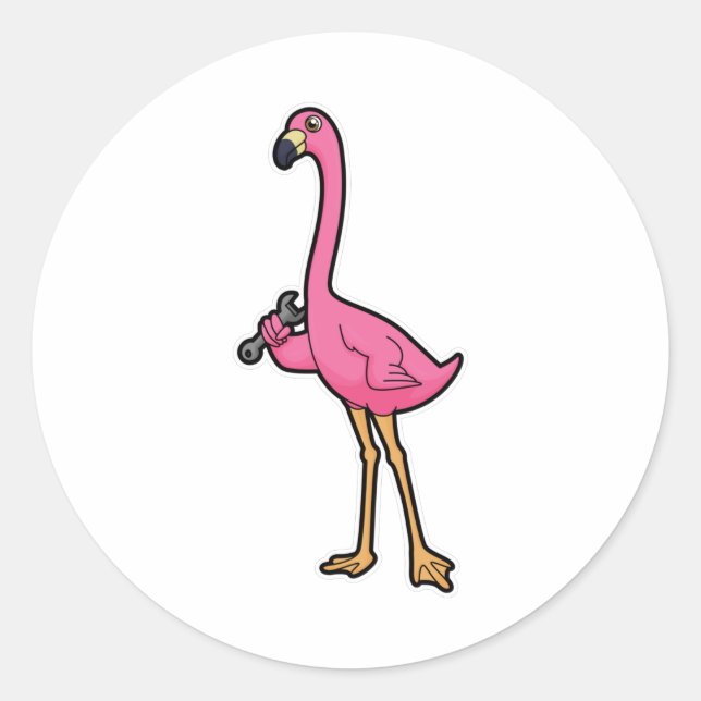 Adesivo Redondo Flamingo como mecânico com chave inglesa (Frente)
