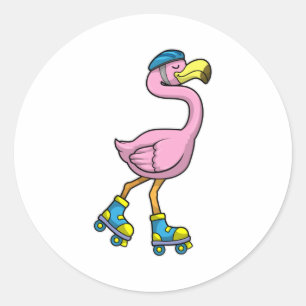 Adesivo Redondo Flamingo como Skater com Skates e Capacetes