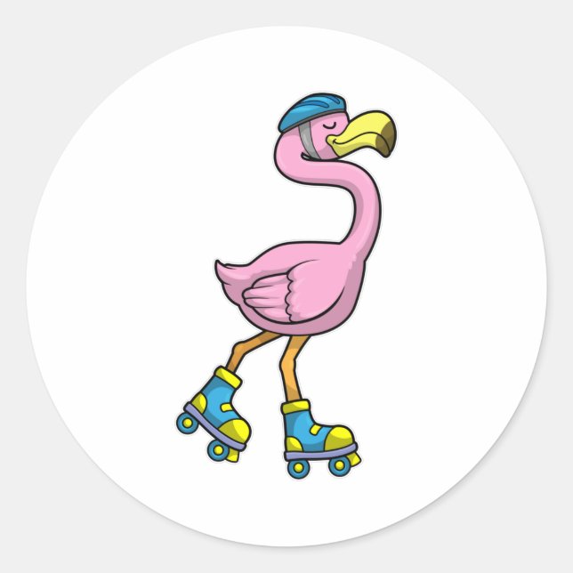 Adesivo Redondo Flamingo como Skater com Skates e Capacetes (Frente)