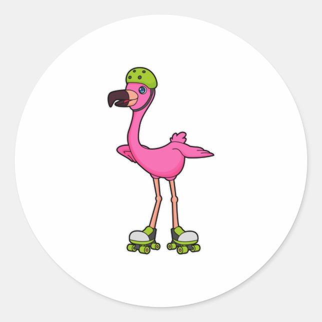 Adesivo Redondo Flamingo como Skater com skates Roller e Capacetes (Frente)