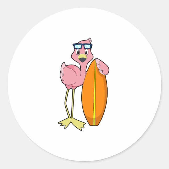 Adesivo Redondo Flamingo como Surfer com Surfboard.PNG (Frente)