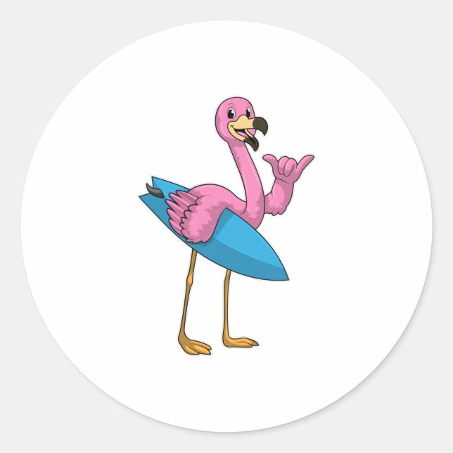 Adesivo Redondo Flamingo como surfista com surfboard (Frente)