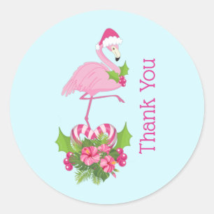 Adesivo Redondo Flamingo cor-de-rosa no Papai Noel Whimsical Obrig