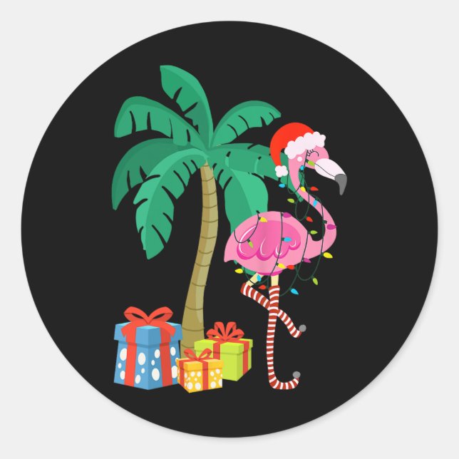Adesivo Redondo Flamingo cor-de-rosa Palm Tree Tropical Xmas Fu (Frente)