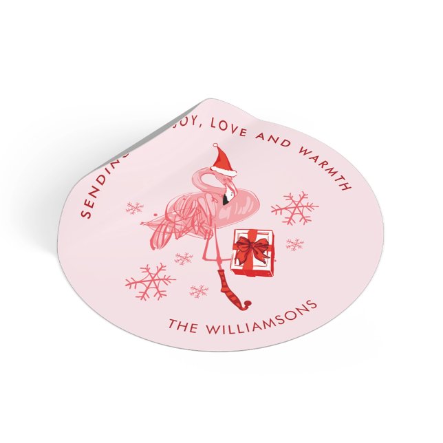 Adesivo Redondo Flamingo, cor-de-rosa, serra natural (Pink Flamingo Coastal Christmas Watercolor Classic Round Sticker)