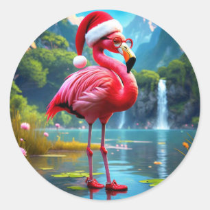 Adesivo Redondo Flamingo de Natal como Papai Noel-47476