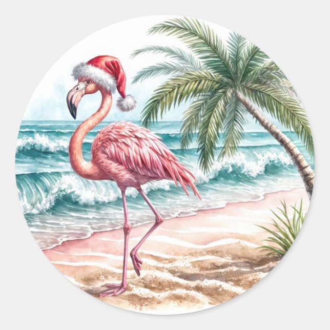Adesivo Redondo Flamingo de Natal em uma praia (Frente)