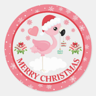 Adesivo Redondo Flamingo de Natal Rosa e Vermelho de Inverno