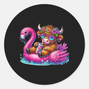 Adesivo Redondo Flamingo de Vaca das Terras Altas Flutua Verão Hav