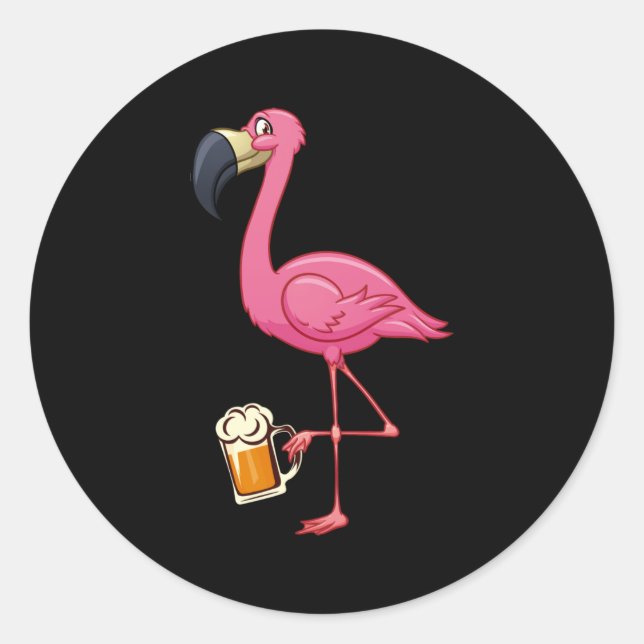 Adesivo Redondo Flamingo Drinking Beer - Funny Pink Flamingo (Frente)