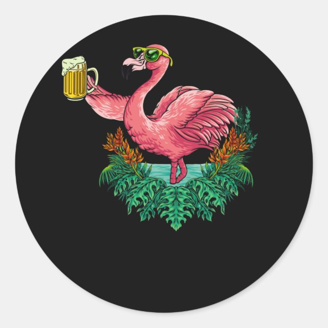 Adesivo Redondo Flamingo Drinking Beer Party (Frente)