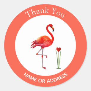 Adesivo Redondo Flamingo Fofo em Coral e Branco Obrigado