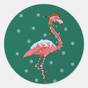 Adesivo Redondo Flamingo Lover Xmas Gift Santa Hat Elf Flamingo