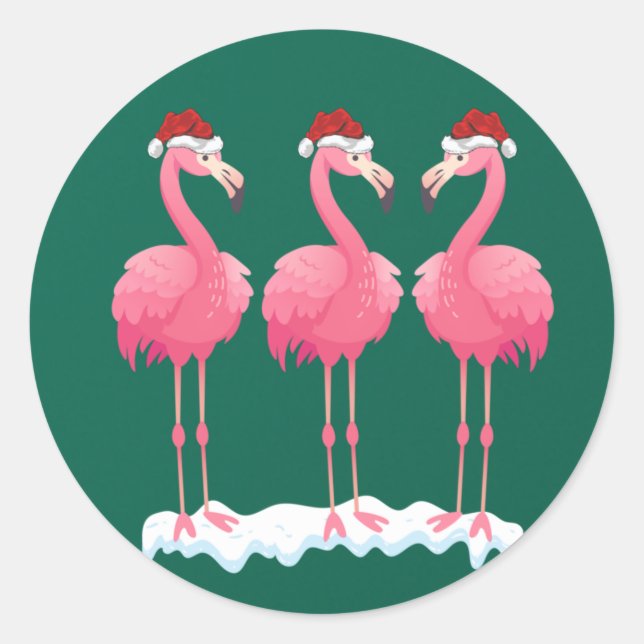 Adesivo Redondo Flamingo Lover Xmas Lighting Santa Pink Flamingos (Frente)