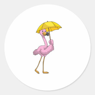 Adesivo Redondo Flamingo na chuva com guarda-chuva