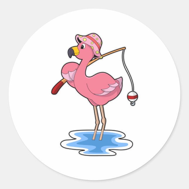 Adesivo Redondo Flamingo na pesca com cana de pesca (Frente)