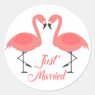 Adesivo Redondo Flamingo Rosa Casamento Tropical Just Married