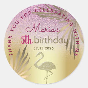Adesivo Redondo Flamingo Rosa Dourado Aniversário de 5 anos
