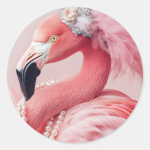 Adesivo Redondo Flamingo Rosa Elegante com Pérolas e Penas