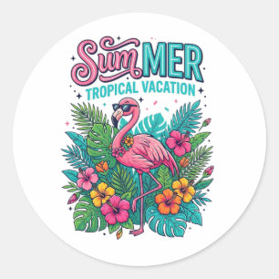 Adesivo Redondo Flamingo Rosa Floral Tropical - férias de verão 