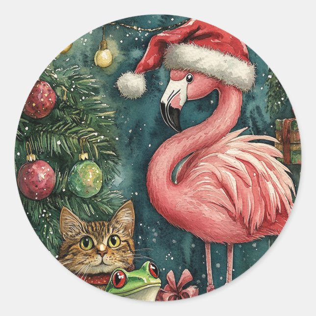 Adesivo Redondo Flamingo Rosa Gato e Sapo Natal Tropical (Frente)