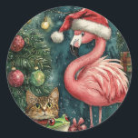 Adesivo Redondo Flamingo Rosa Gato e Sapo Natal Tropical<br><div class="desc">Um bonitinho de um tipo que combina com cartões de Natal e de Cartões de natal, com um flamingo cor-de-rosa vestindo um chapéu de Papai Noel, juntamente com um gato e um sapo de mesa, rodeados de presentes de Natal, árvores de Natal e luzes de Natal. O flamingo cor-de-rosa dá-lhe...</div>