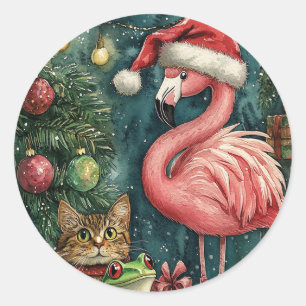 Adesivo Redondo Flamingo Rosa Gato e Sapo Natal Tropical