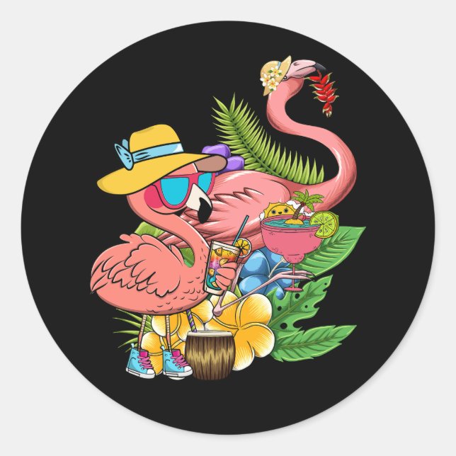Adesivo Redondo Flamingo, rosa, havaiano Verão Tropical Luau Havaí (Frente)