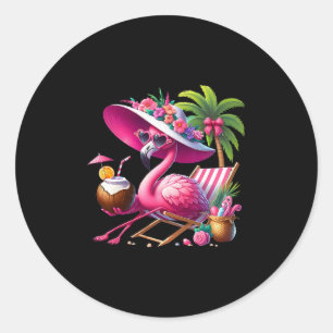 Adesivo Redondo Flamingo Rosa Palmeira Praia Tropical Verão Férias
