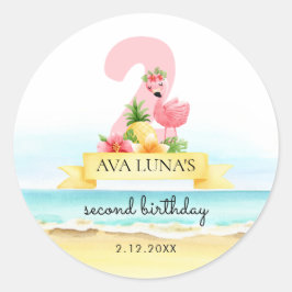 Adesivo Redondo Flamingo Rosa Verão Aniversário de 2 anos