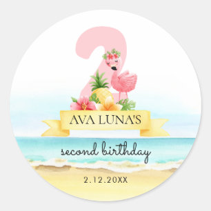 Adesivo Redondo Flamingo Rosa Verão Aniversário de 2 anos